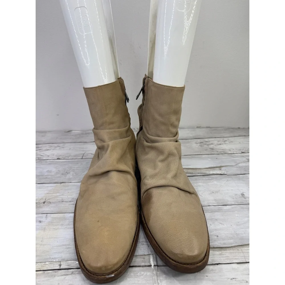 John Varvatos Tan Leather Slouchy Side Zip Ankle Boots Wood Heel